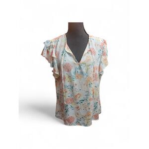 80 Park Pastel Floral V-Neck Ruffle Sleeve Blouse Size XL